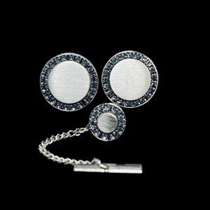 Vintage Silver Tone And Blue Rhinestone Cufflinks and Tie Tack Set (5025)